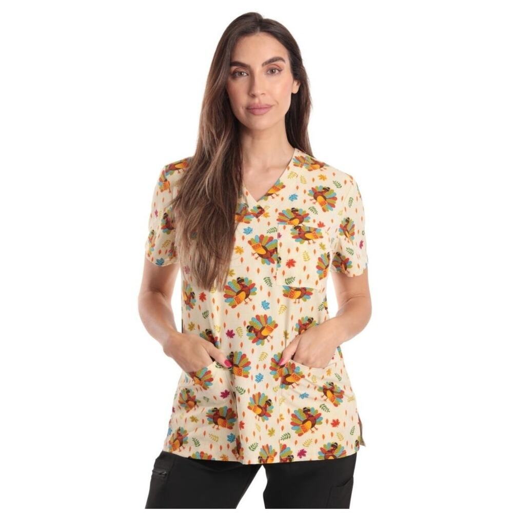 Just Love Women's V Neck Thanksgiving Turkey scrub sz xl